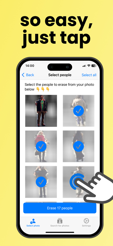 Person remover - Removex - A mobile screen showing the Removex app where multiple people are selected for removal with a simple tap.
