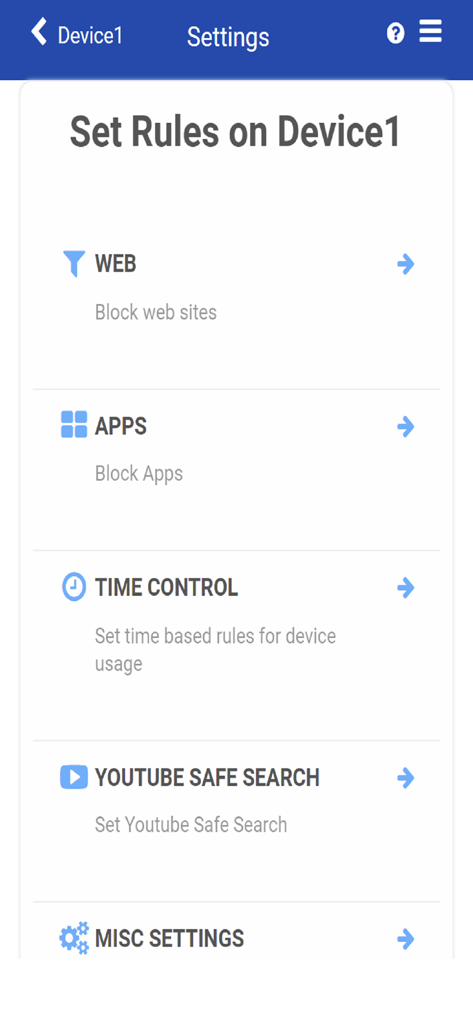 SecureTeen Parental Control - Settings screen of the SecureTeen app showing options to set rules for web filtering, app blocking, and screen time control.