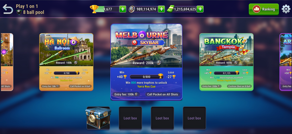 Pool Club: 8 Ball Billiards - Pantalla de selección de partidas de Billar Bola 8 en diferentes ciudades como Melbourne y Bangkok.