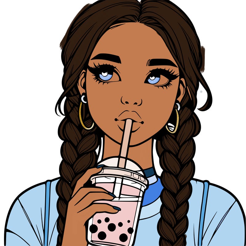 realistic girl with braided hair drinking boba
