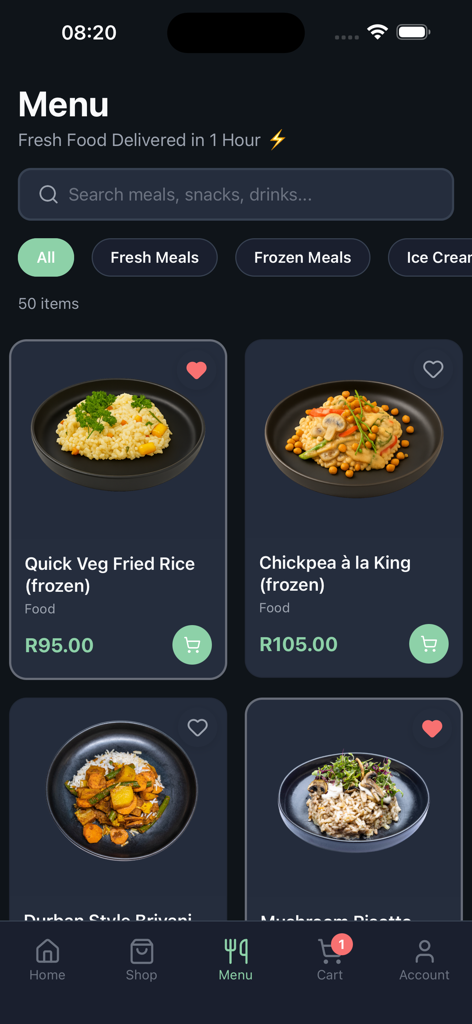 Chilled - Chilled app menu screen showing artisanal frozen vegan meals