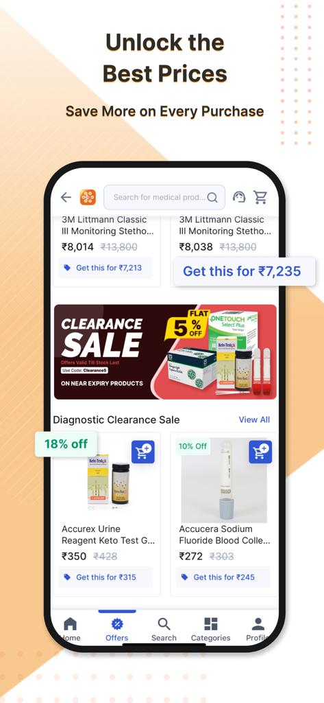 Medikabazaar-Medical Supplies - Medikabazaar app showing discounts on stethoscopes and diagnostic medical supplies