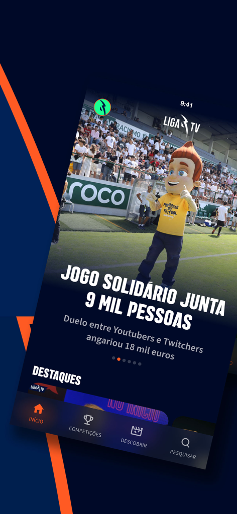 LIGA TV - Pantalla de inicio de la aplicación LIGA TV con noticias sobre un partido benéfico con la imagen de una mascota