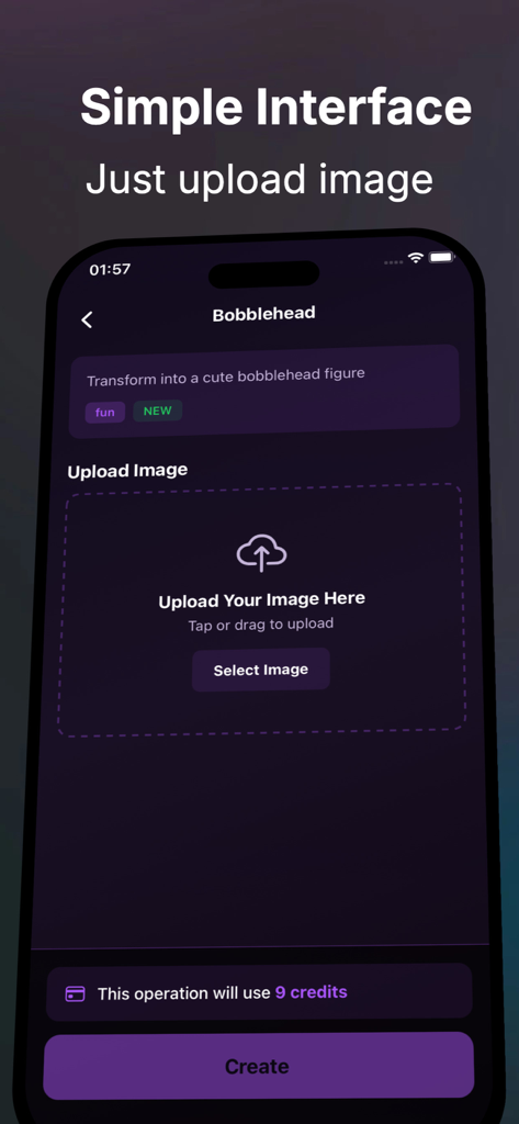 Utopia AI - Dreams to Image - Screenshot of Utopia AI app showing the bobblehead generation screen with a simple image upload interface.