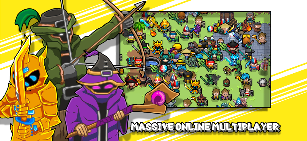 Curse of Aros - Un gráfico promocional para Curse of Aros que muestra un caballero, un arquero y un mago con una bulliciosa escena de juego multijugador de arte de píxeles.