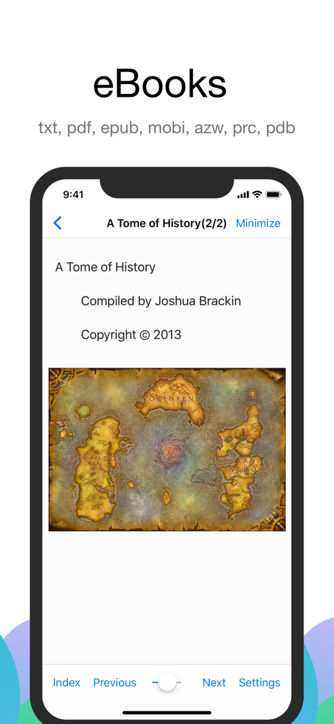 Interface do Alook Browser mostrando o modo de leitura de eBook com suporte para vários formatos de arquivo.