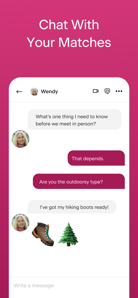 Ourtime - Meet 50+ Singles - Ourtime dating app chat screen showing a conversation between senior singles about outdoor hobbies