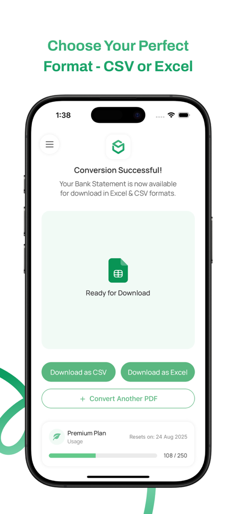 Stmtアプリのスマートフォン画面に、銀行明細書の変換が成功したことが表示され、CSVまたはExcel形式でダウンロードするオプションが表示されています