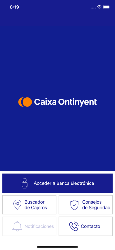 Pantalla de inicio de la app de banca móvil de Caixa Ontinyent con acceso a la banca electrónica y localizador de cajeros.