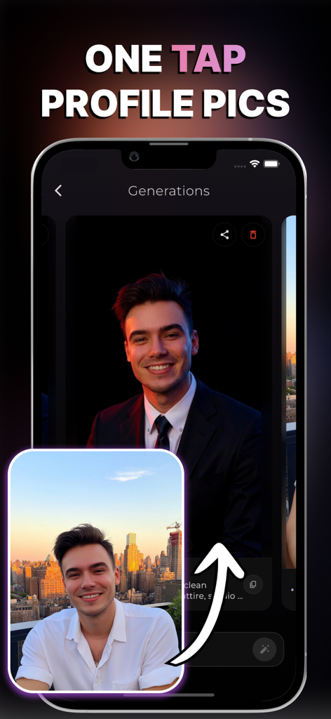 PixieAI - Magic Photo Editor - Una selfie casual en una azotea transformada en una foto profesional de perfil usando el editor mágico de fotos PixieAI.