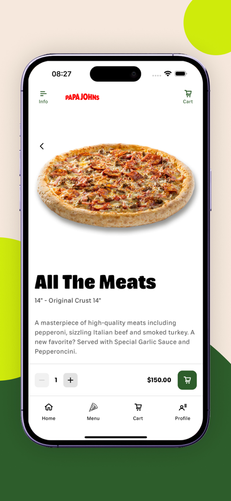 Papa Johns Pizza Trinidad app showing the All The Meats pizza selection with pricing and ordering options.