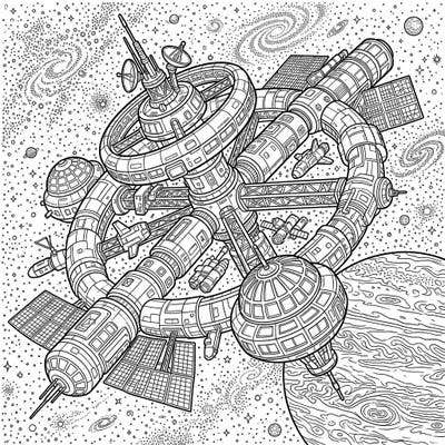 Embark on an interstellar journey with this intricate Planetary Orbital Station coloring page. Discover a futuristic space station orbiting a majestic gas giant, surrounded by a universe of stars and galaxies, ready for your creative touch.