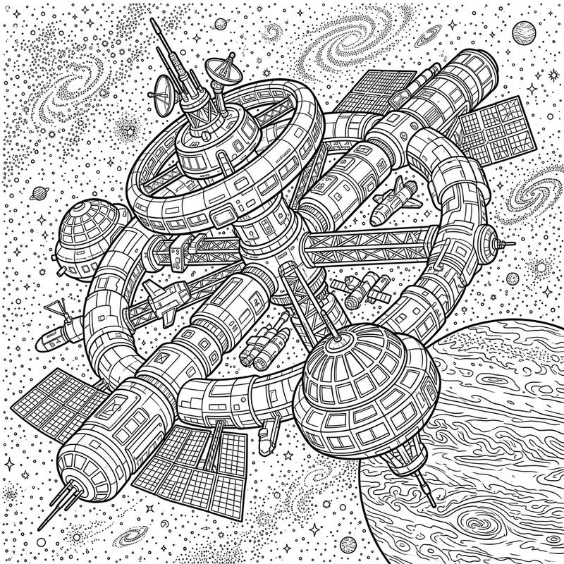 Embark on an interstellar journey with this intricate Planetary Orbital Station coloring page. Discover a futuristic space station orbiting a majestic gas giant, surrounded by a universe of stars and galaxies, ready for your creative touch.