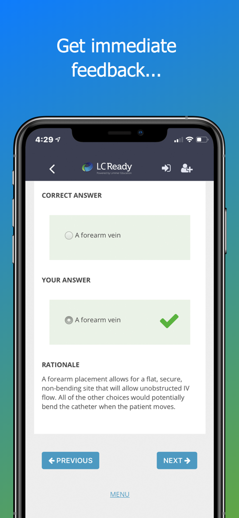Screenshot of the Paramedic Pharmacology Review app showing immediate feedback with a correct answer and a detailed rationale for study.
