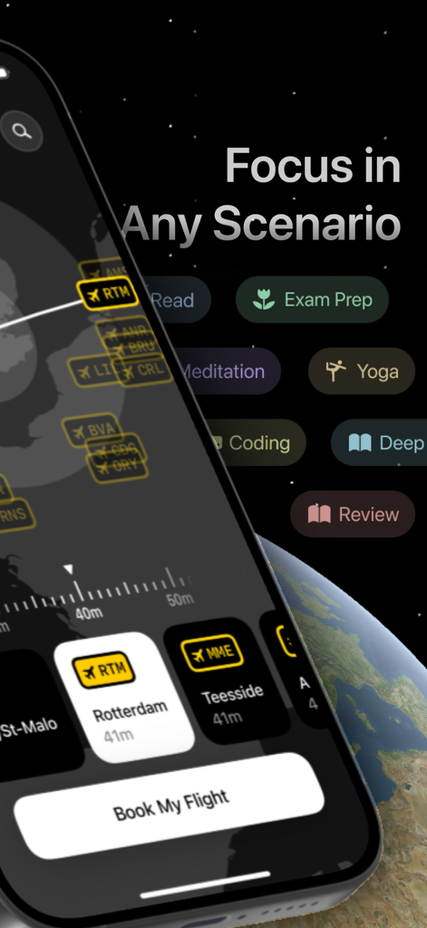 FocusFlight app on a smartphone showing focus categories like Exam Prep and Coding next to a virtual flight booking map