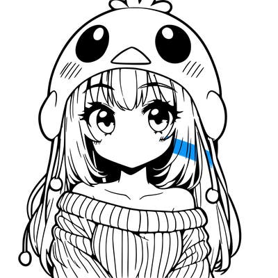 anime girl with chick shaped hat with sweater with bare shoulders with bangs covering them one eye with low tail