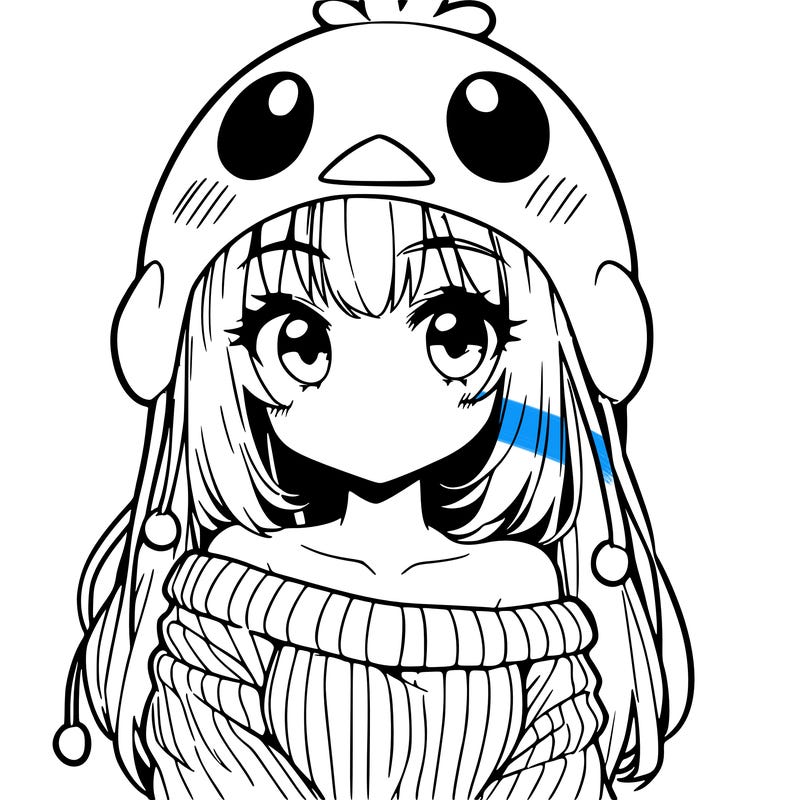 anime girl with chick shaped hat with sweater with bare shoulders with bangs covering them one eye with low tail