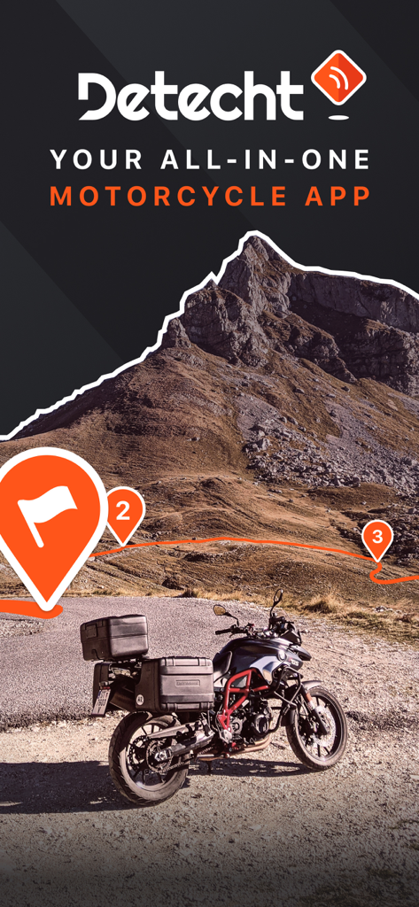 Detecht app promotional screen showing a motorcycle parked near a mountain route with GPS navigation markers