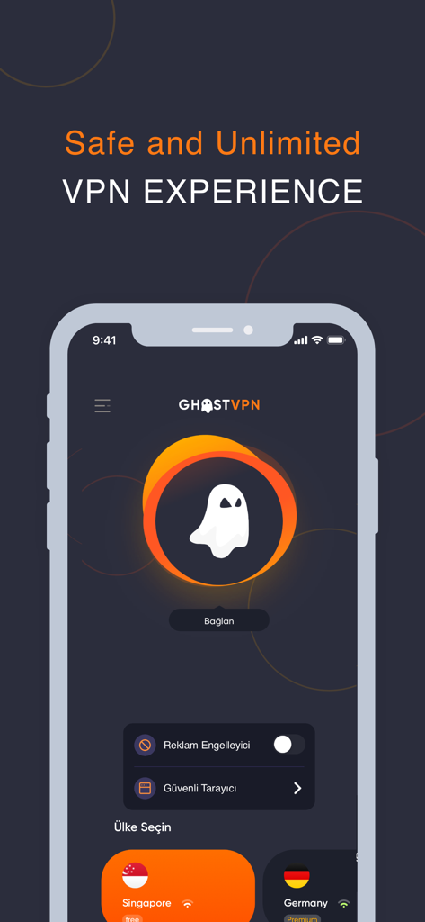 Ghost VPN mobile app interface showing the main connection screen with a ghost icon and server options