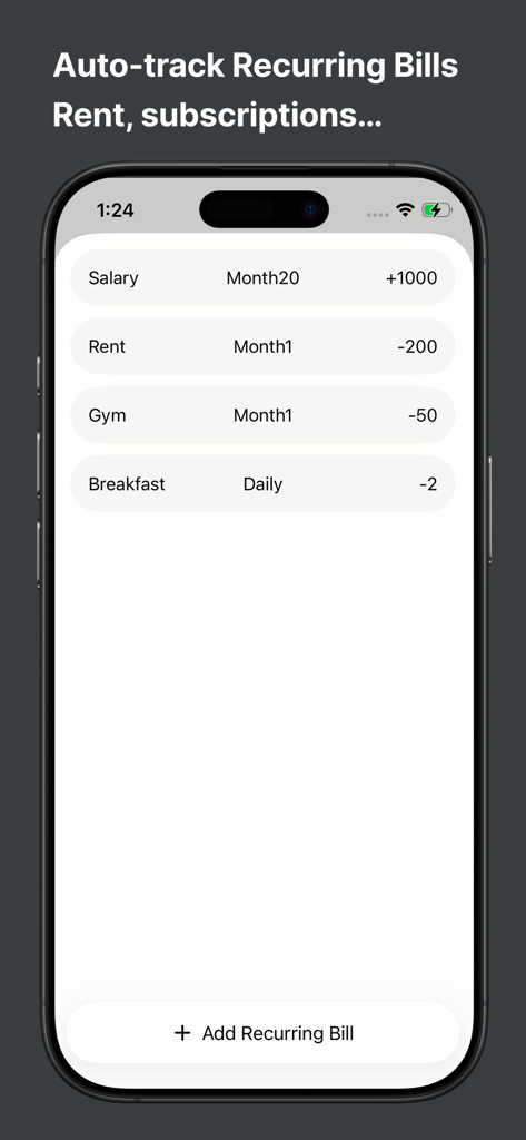 SnapKoin: Fast Expense Tracker - SnapKoin app screen showing the recurring bills feature with automated entries for salary rent gym and breakfast