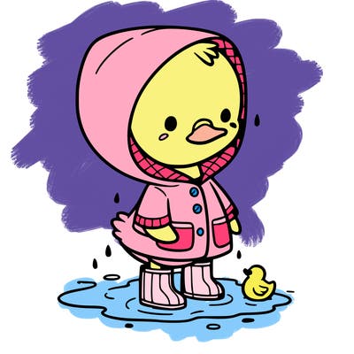 baby duck in a rain coat and boots, in a puddle while it’s raining