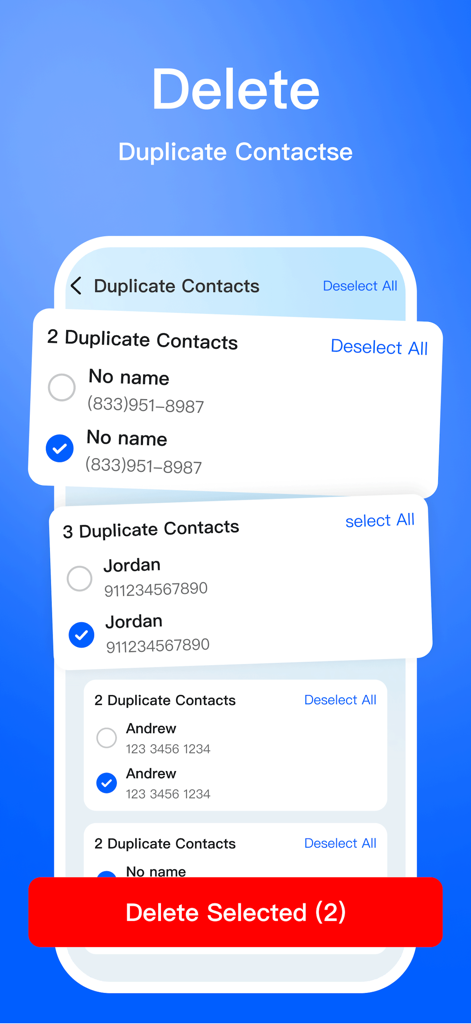 Storm Cleaner-Clean up storage - Screenshot of Storm Cleaner app showing duplicate contact management and deletion interface on iPhone