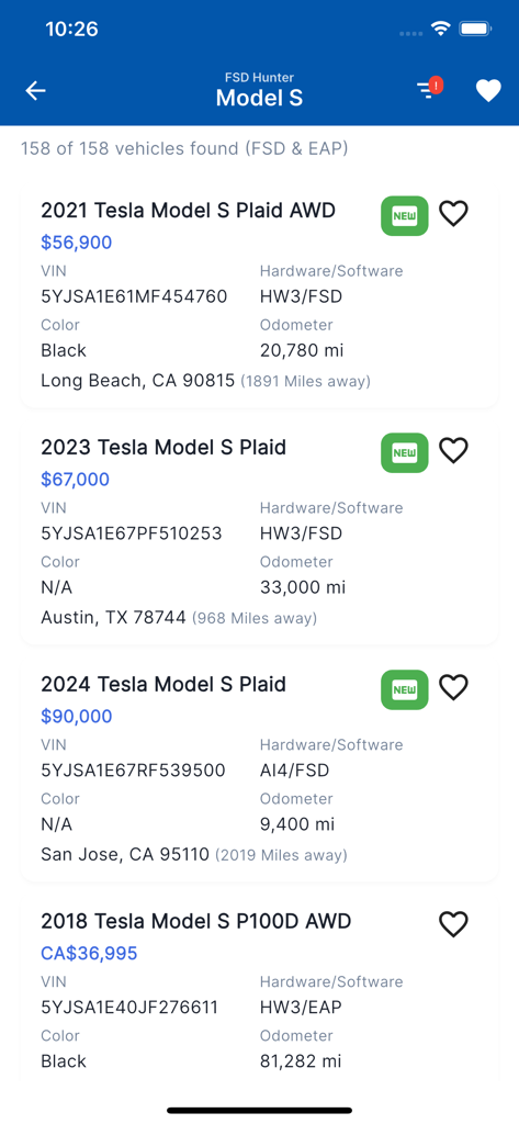 List of used Tesla Model S vehicles with FSD and EAP software packages in the FSD Hunter app