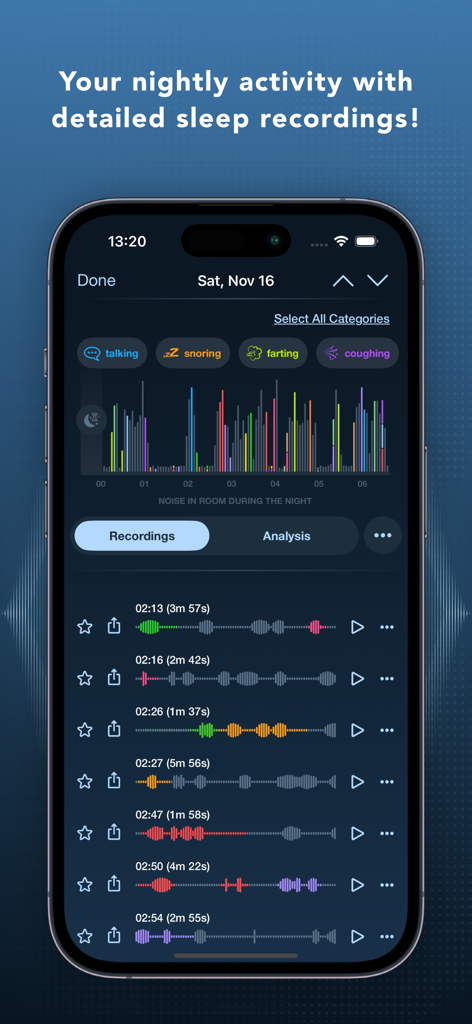 Interface of Prime Sleep Recorder Pro showing nightly activity noise graph and categorized sleep recordings