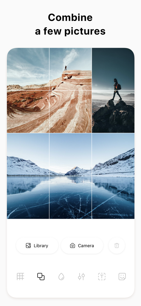 Pic Collage Post for Instagram - Pic Collage app interface showing a 3x3 grid of nature photos with editing options