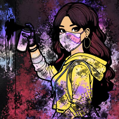 realistic girl with mask spray painting a wall