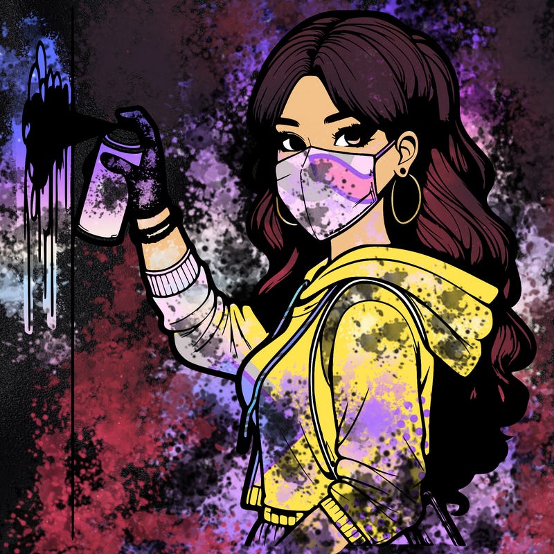 realistic girl with mask spray painting a wall