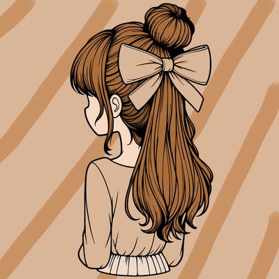 realistic girl  with hip length hair a bun and a big bow on the back of head