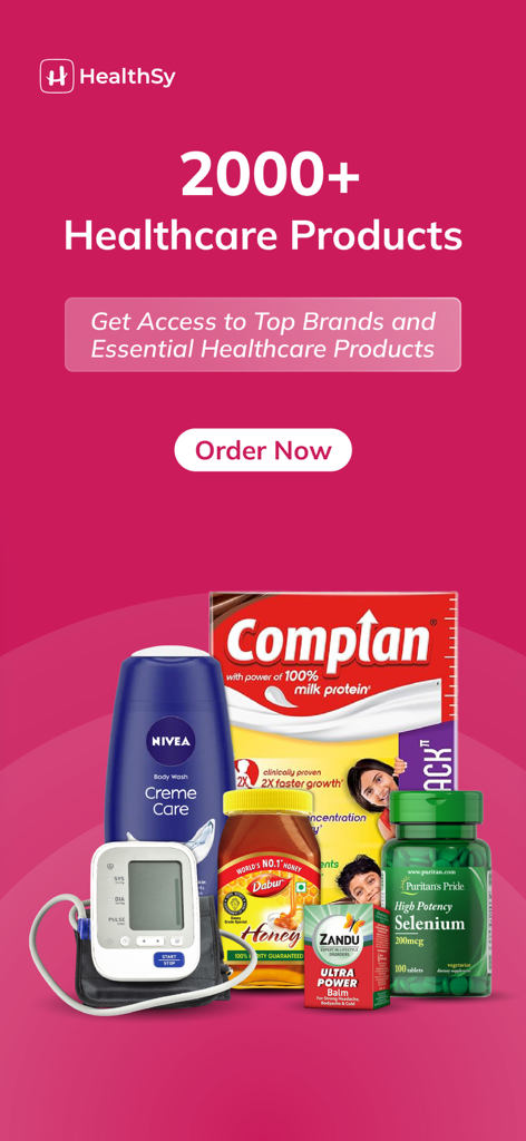 HealthSy-Online Healthcare App - HealthSy app screen showcasing a variety of healthcare products and a digital blood pressure monitor with an Order Now button