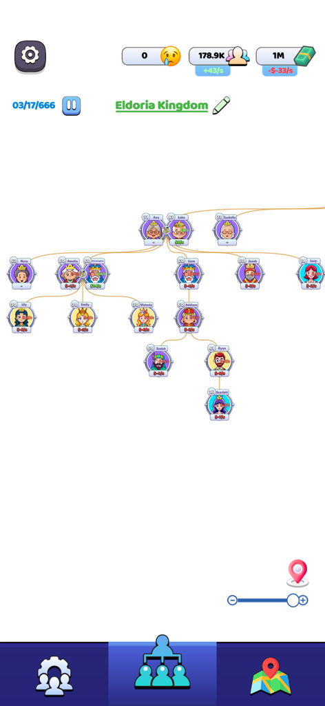 Kingdom Life! - Kingdom Life game screen showing the royal family tree of Eldoria Kingdom.