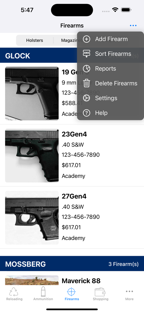 ReLOADeD (Ammo) - Digital inventory screen in the ReLOADeD app displaying firearms with photos and serial numbers