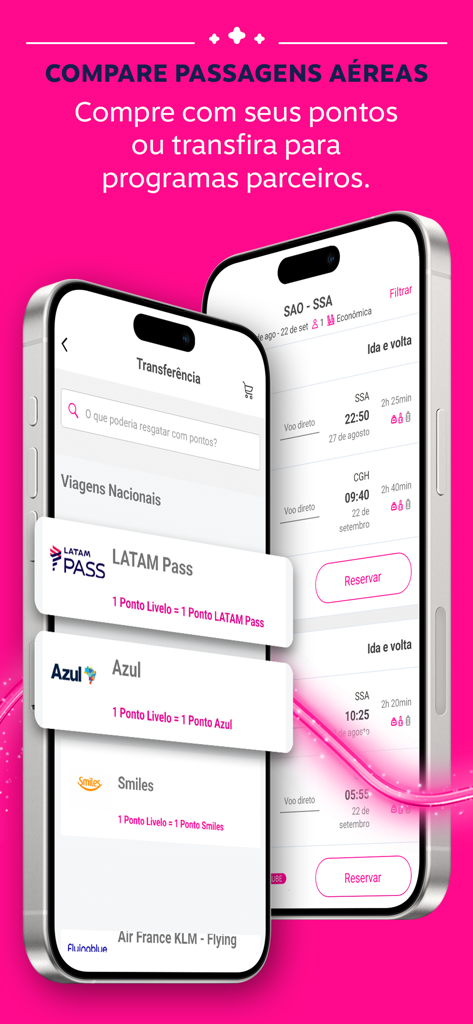 Livelo app interface for comparing airfares and transferring reward points to partner airlines