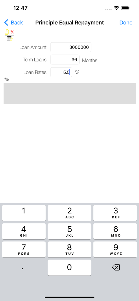 Mobile app interface showing input fields for loan amount, term, and interest rate for a principle equal repayment calculation.