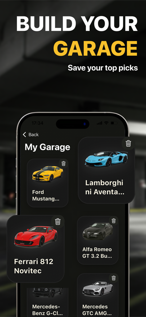 Car Sounds Simulator - RevIt - Screenshot of the My Garage feature in the RevIt app showing a collection of saved supercar models