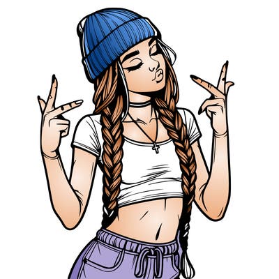 realistic teenage girl with braids and a beanie and crop top doing 🫶🏼