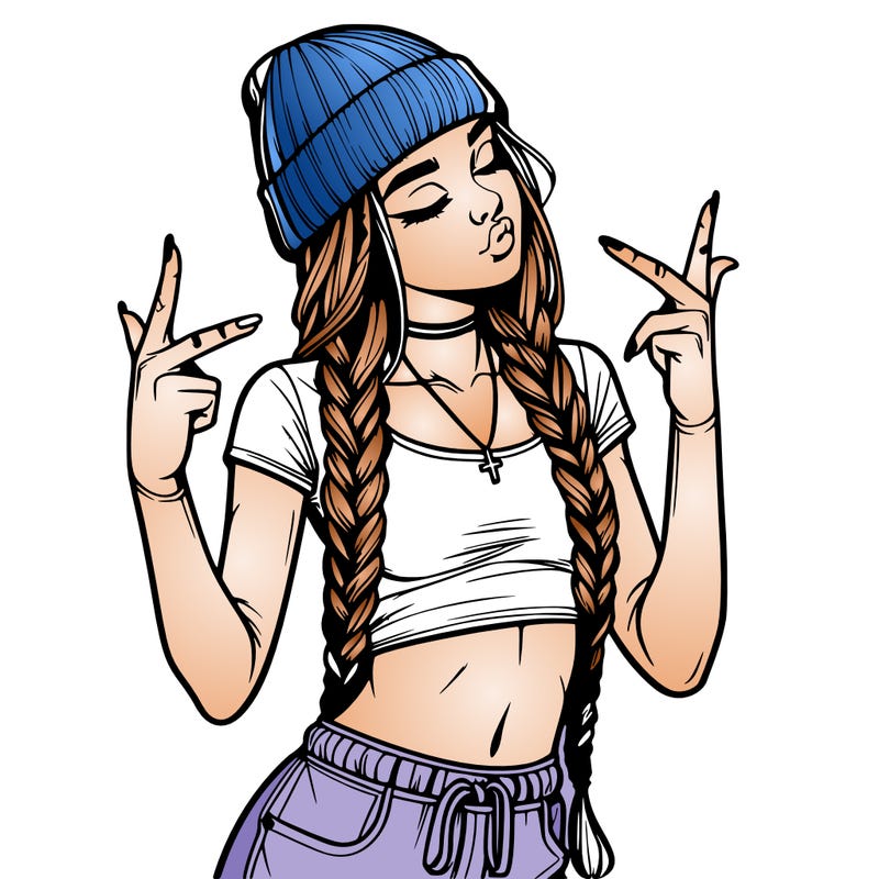 realistic teenage girl with braids and a beanie and crop top doing 🫶🏼