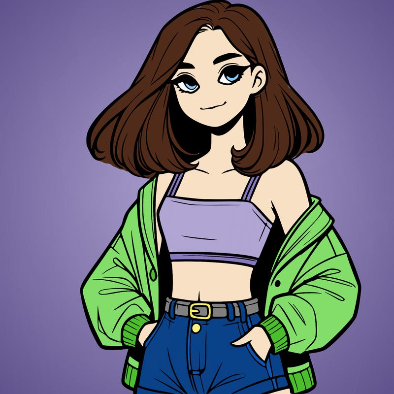a realistic girl with a crop top and short shorts in an open jacket