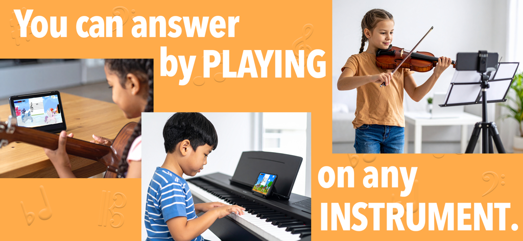 Flashnote Derby - Children playing violin piano and guitar while using the Flashnote Derby music education app