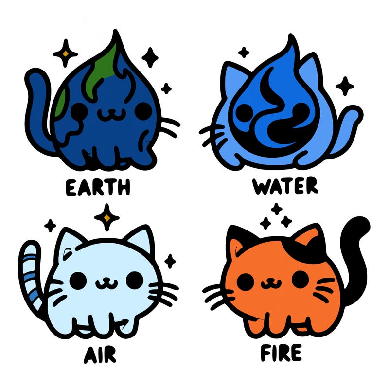 4 cats that represent the different elements, earth, water, air, and fire