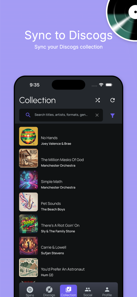 Spun It – Track & Share Spins - Spun It app screen displaying a vinyl record collection synced with Discogs