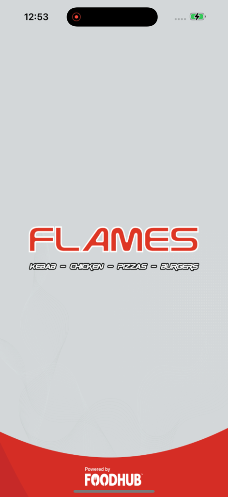 Flames Kebabs - Flames Kebabs app splash screen with brand logo and food categories