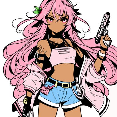 bad girl wearing crop top holding a gun long hair anime