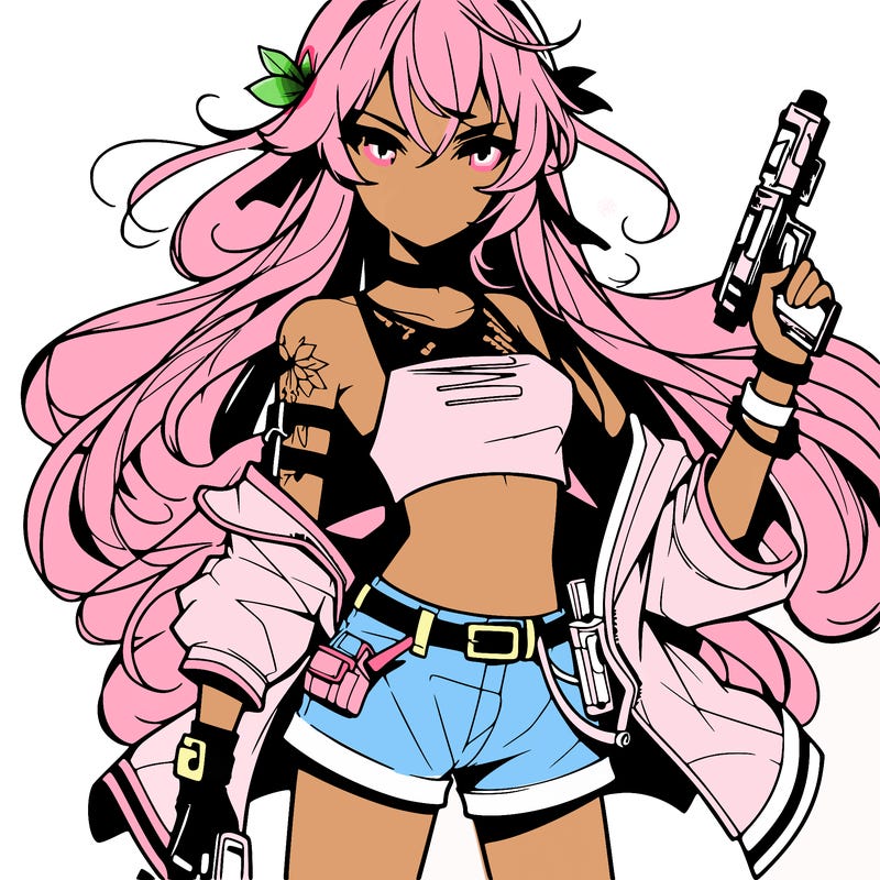 bad girl wearing crop top holding a gun long hair anime