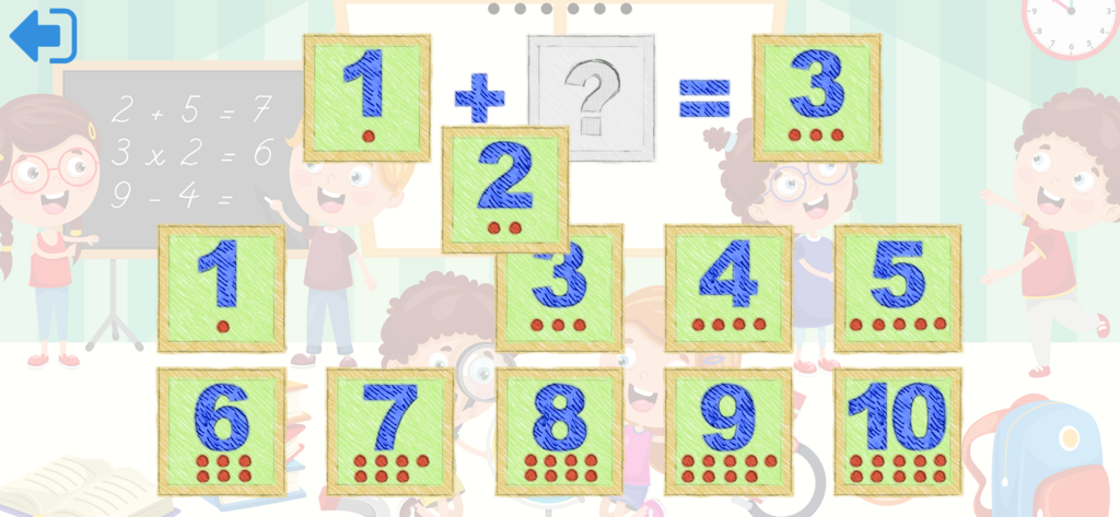 아이들을 위한 덧셈 문제와 숫자 블록을 보여주는 교육용 수학 게임 화면