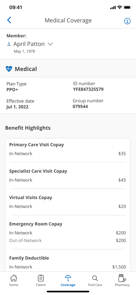 BCBSTX - BCBSTXアプリの画面に、プランの種類や医療機関受診時の自己負担額など、医療保険の詳細が表示されています。
