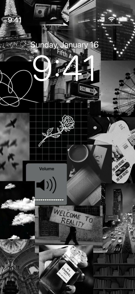 Black Aesthetic Wallpapers 4K - A black and white collage wallpaper featuring various aesthetic elements like a rose, Chanel perfume, and the Eiffel Tower.